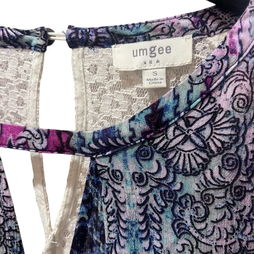 Umgee Blue  Purple Paisly Patterned Mini Dress Lace Bell Sleeves Boho Hippie‎ S